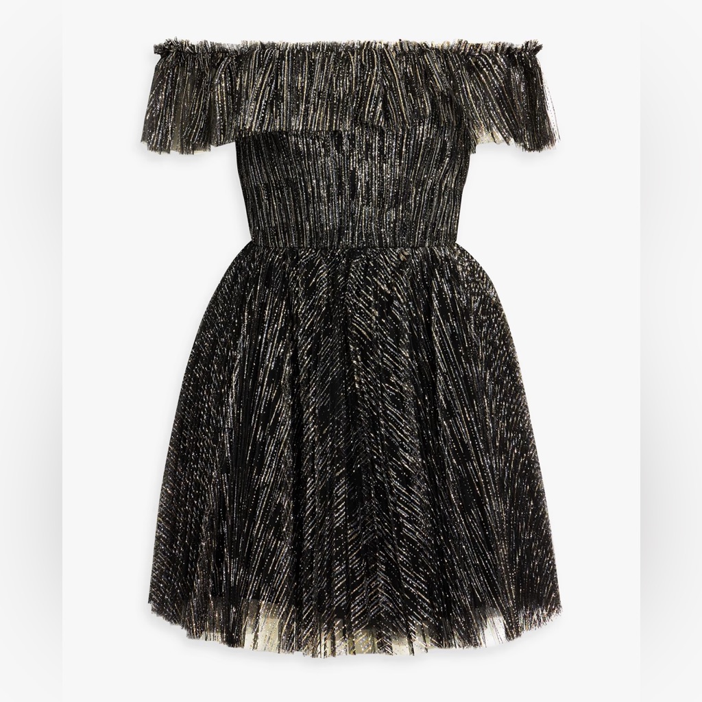 $545 Monique Lhuillier Off Shoulder Cocktail Mini Dress Size 6 Silver Glitter
